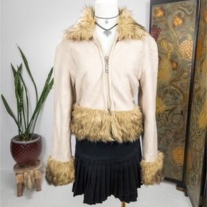 Y2K Faux Penny Lane Shearling Jacket Cream Cropped Fairy Boho Womens